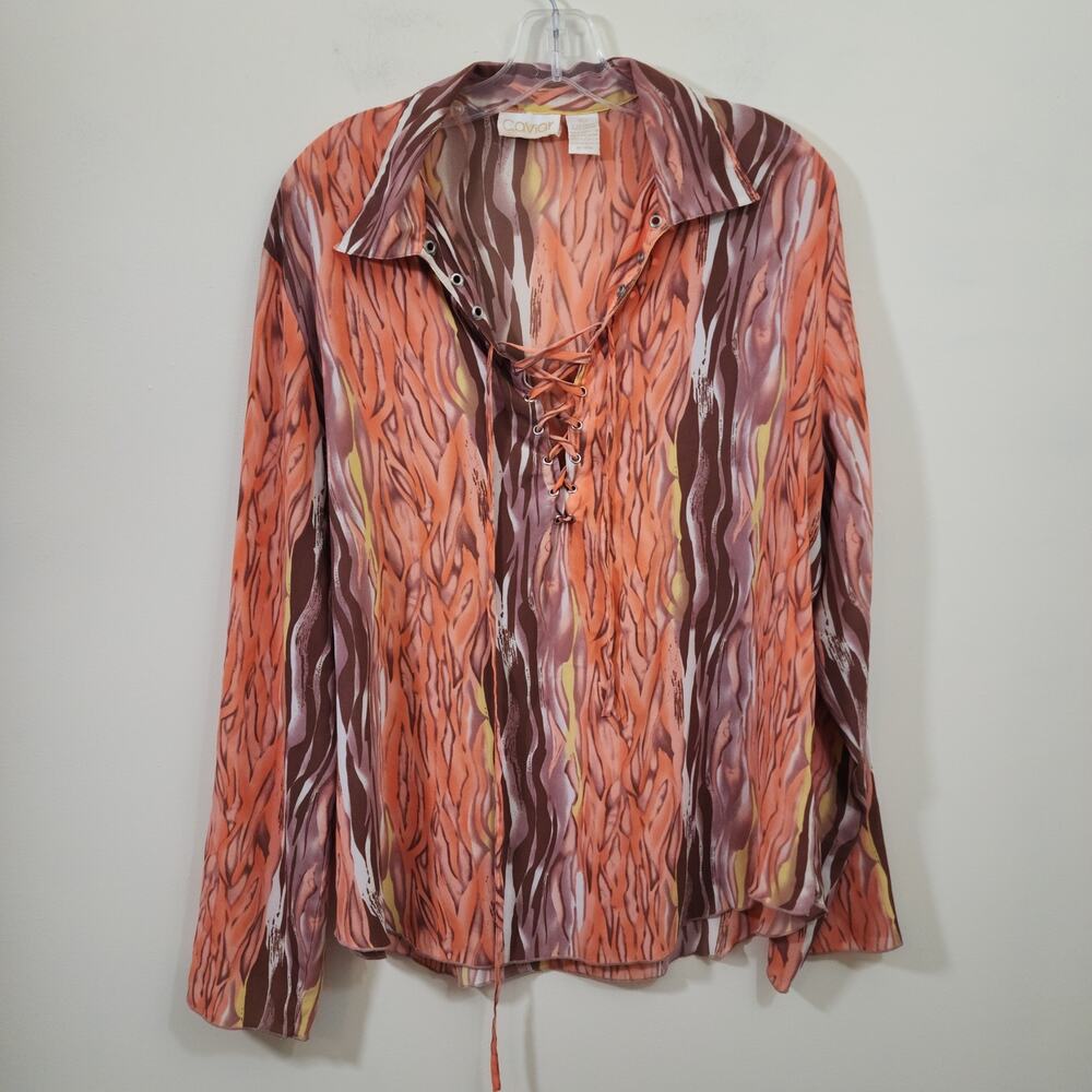 Vintage Caviar flame print lace up front long sleeve blouse woman's‎ size XL